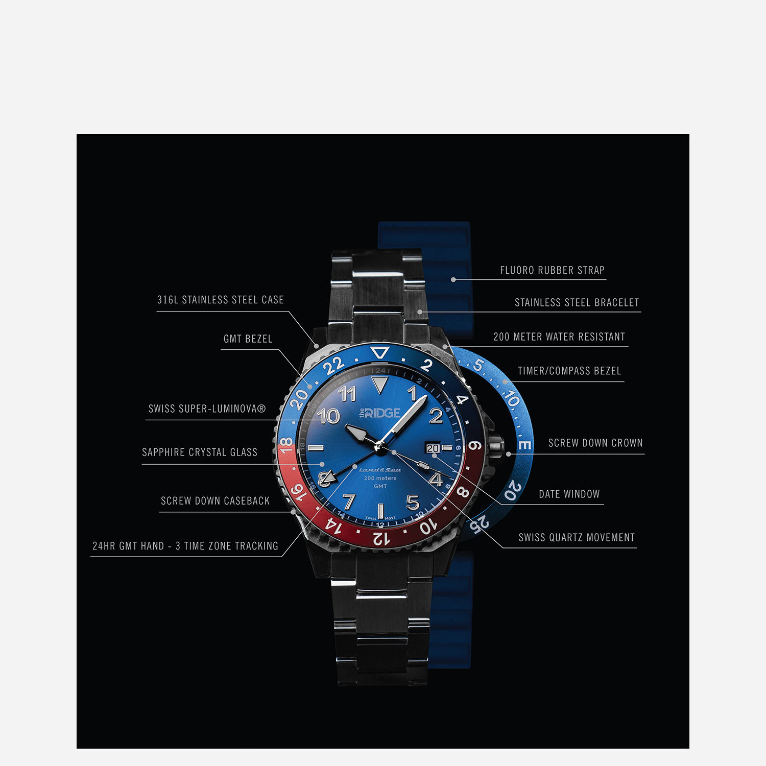 Ridge Land & Sea GMT Watch 42mm - Royal Black